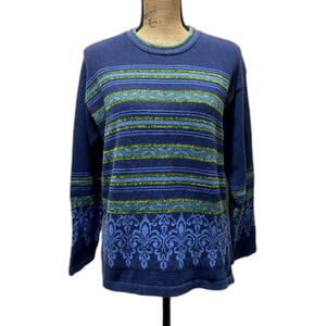 Liz Claiborne Lizwear Womens Blue Striped Damask Cotton Knit‎ Sweater USA Medium